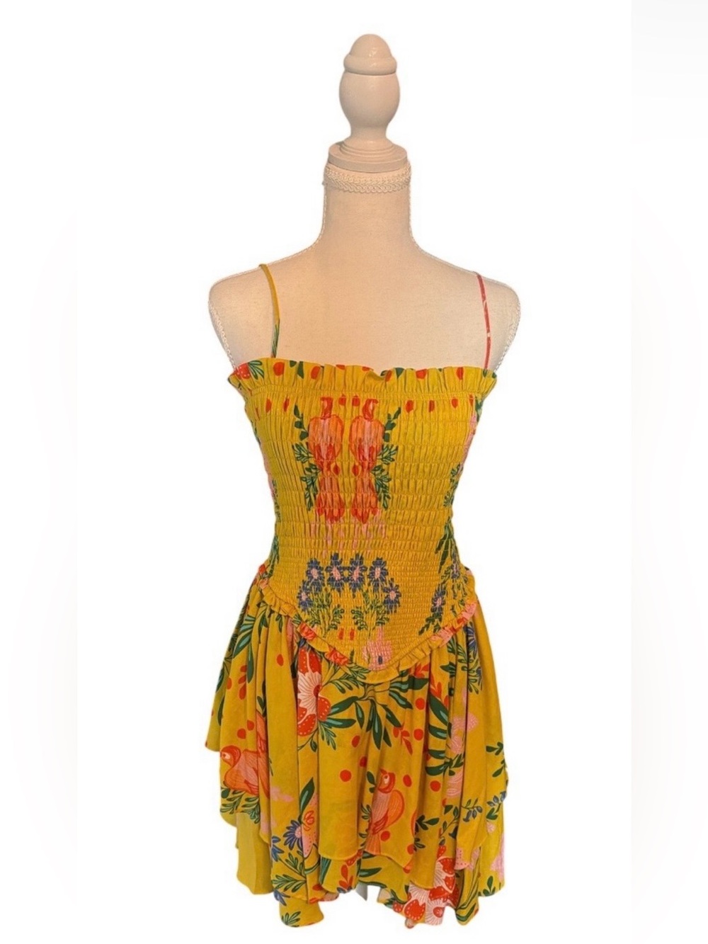 Resort Vacation Mini Dress Chelsea & Violet Yellow Floral Smocked NWT